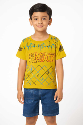 HMAGURI Boys Printed Cotton Blend Regular T Shirt(Yellow, Pack of 1)
