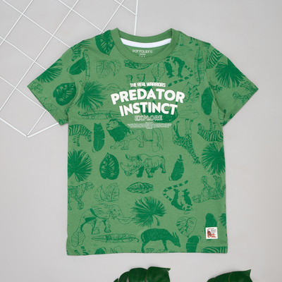 Pantaloons Junior Boys Printed Cotton Blend Regular T Shirt(Green, Pack of 1)