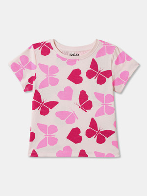 R&B Girls Printed Pure Cotton Regular T Shirt(Pink, Pack of 1)