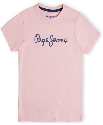 Pepe Jeans Boys Printed Pure Cotton T Shirt(Pink, Pack of 1)