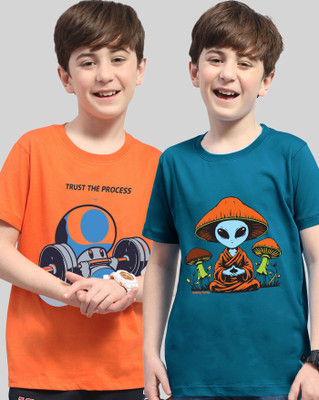 ENITOR Boys Printed Cotton Blend Regular T Shirt(Orange, Dark Blue, Pack of 2)