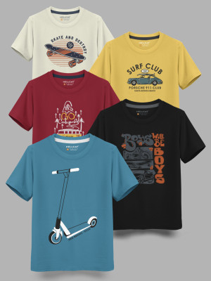 Hellcat Boys Printed Cotton Blend Regular T Shirt(Blue, Pack of 5)