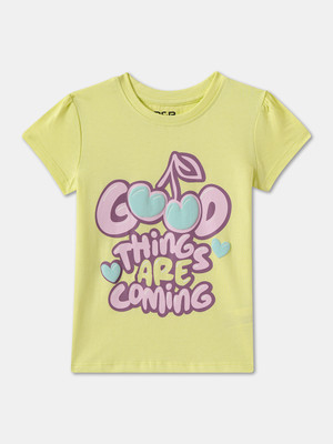 R&B Girls Graphic Print Pure Cotton Regular T Shirt(Yellow, Pack of 1)