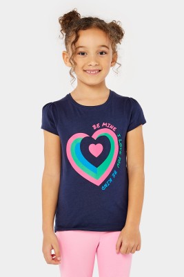 Mothercare Girls Printed Cotton Blend Regular T Shirt(Dark Blue, Pack of 1)