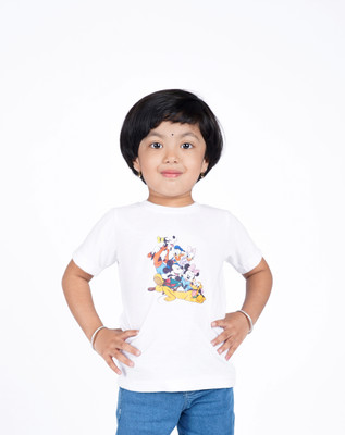 Yellowtoons Girls Cartoon Cotton Blend Regular T Shirt(White, Pack of 1)