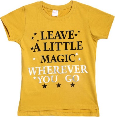 V-MART Girls Typography Pure Cotton Regular T Shirt(Yellow, Pack of 1)