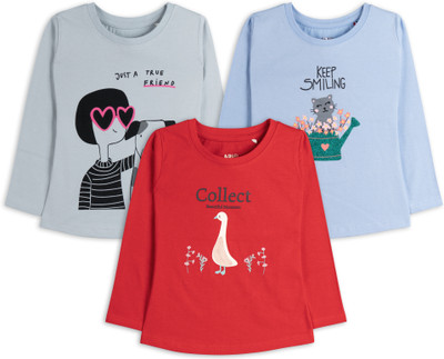 Ariel Girls Graphic Print Pure Cotton Regular T Shirt(Multicolor, Pack of 3)