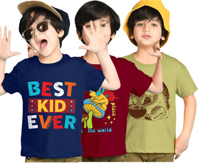 Kiddy Viddy Boys Printed Cotton Blend Regular T Shirt(Blue, Maroon, Pack of 3)