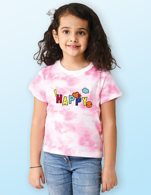 Nusyl Girls Printed Cotton Blend Regular T Shirt(Pink, Pack of 1)