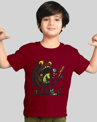 AUSK Boys Printed Cotton Blend Regular T Shirt(Maroon, Light Blue, Pack of 2)