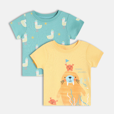 MINI KLUB Baby Boys Printed Pure Cotton Regular T Shirt(Blue, Pack of 2)