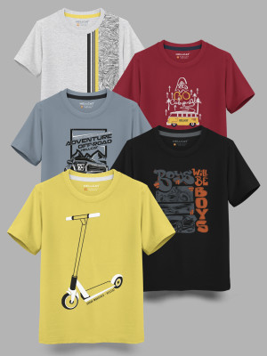 Hellcat Boys Printed Cotton Blend Regular T Shirt(Grey, Pack of 5)