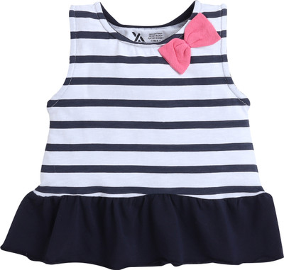Yellow Apple Baby Girls Striped Cotton Blend Regular T Shirt(Dark Blue, White, Pack of 1)