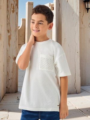 JUNIORS by Babyshop Boys Self Design Cotton Blend Regular T Shirt(White, Pack of 1)