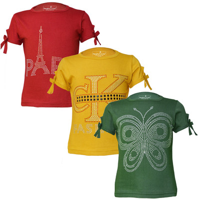 Just Live Fashionn Girls Printed Pure Cotton Regular T Shirt(Dark Green, Pack of 3)