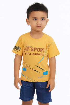 HMAGURI Boys Printed Cotton Blend Regular T Shirt(Yellow, Pack of 1)