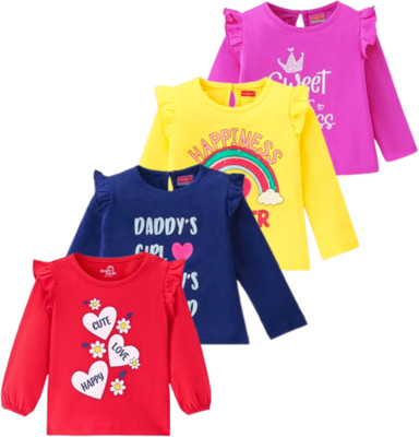 LEROO Girls Printed Pure Cotton Regular T Shirt(Multicolor, Pack of 4)