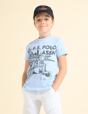 U.S. POLO ASSN. Boys Graphic Print Pure Cotton Regular T Shirt(Blue, Pack of 1)