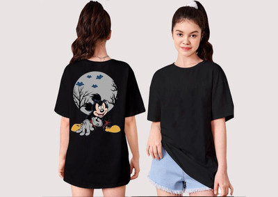 toystshirt Girls Printed Pure Cotton Oversized T Shirt(Black, Pack of 1)