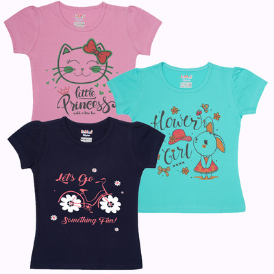 kiddeo Girls Printed Pure Cotton Regular T Shirt(Multicolor, Pack of 3)