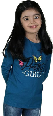 TotzTouch Girls Printed Pure Cotton Regular T Shirt(Blue, Pack of 1)