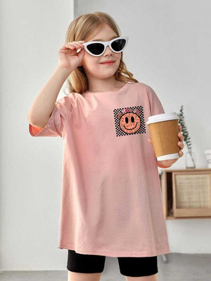 KEESOR Girls Printed Cotton Blend Oversized T Shirt(Pink, Pack of 1)