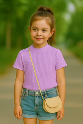 Rory Girls Self Design Cotton Blend Regular T Shirt(Purple, Pack of 1)