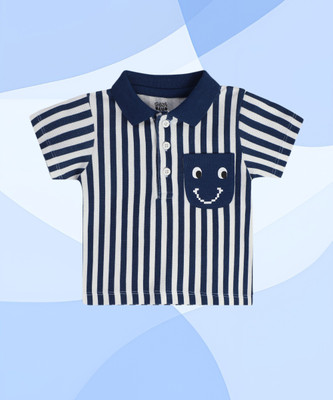 MINI KLUB Baby Boys Printed, Striped Pure Cotton Regular T Shirt(Blue, Pack of 1)