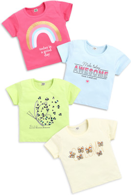 TINY BINY Girls Printed Pure Cotton Regular T Shirt(Multicolor, Pack of 4)
