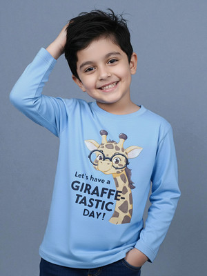 Guti Boys Self Design Pure Cotton Regular T Shirt(Light Blue, Pack of 1)