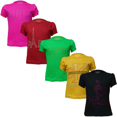Eazy Trends Girls Printed Pure Cotton Regular T Shirt(Multicolor, Pack of 5)