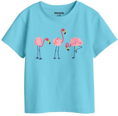 BONKIDS Girls Printed Pure Cotton Regular T Shirt(Blue, Pack of 1)