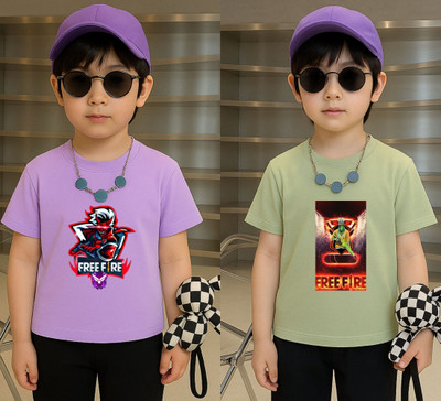 Lecowar Boys Printed Polyester Regular T Shirt(Purple, Green, Pack of 1)