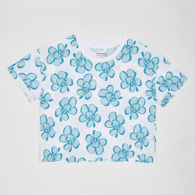 Pantaloons Junior Girls Printed Cotton Blend Regular T Shirt(Blue, Pack of 1)