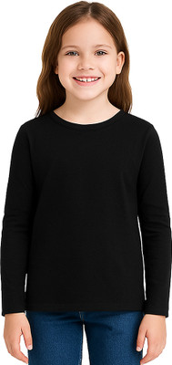 doodleberry Girls Solid Cotton Blend Regular T Shirt(Black, Pack of 1)