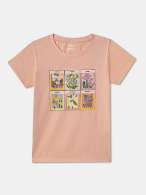 R&B Girls Graphic Print Pure Cotton Regular T Shirt(Pink, Pack of 1)