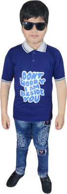 Kanika Boys Printed Cotton Blend Regular T Shirt(Blue, Pack of 1)