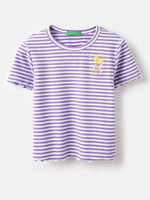 United Colors of Benetton Girls Striped Cotton Blend Regular T Shirt(Purple, Pack of 1)
