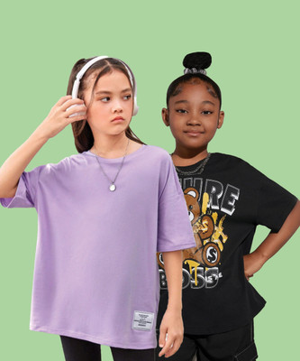 QUIN FLETCHER Girls Graphic Print Pure Cotton Oversized T Shirt(Multicolor, Pack of 2)