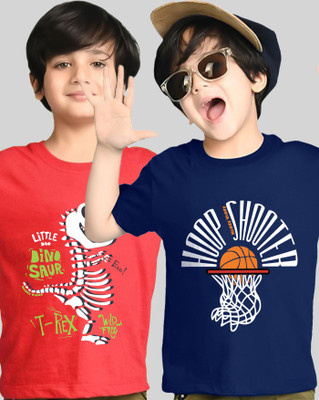 AUSK Boys Printed Cotton Blend Regular T Shirt(Blue, Red, Pack of 2)
