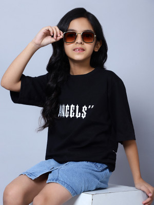 NICK AND JONES Girls Typography Pure Cotton Oversized T Shirt(Black, Pack of 1)