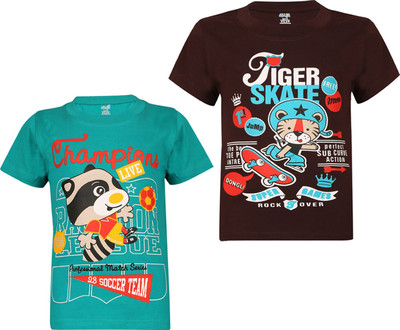 dongli Boys Printed Pure Cotton Regular T Shirt(Multicolor, Pack of 2)