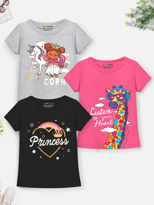 Trampoline Girls Graphic Print Cotton Blend Regular T Shirt(Multicolor, Pack of 3)