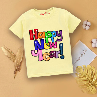 Babywish Boys & Girls Typography, Printed Cotton Blend Regular T Shirt(Yellow, Pack of 1)