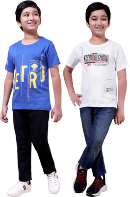 FREEZEANDFROST Boys Printed Cotton Blend Regular T Shirt(Dark Blue, White, Pack of 2)