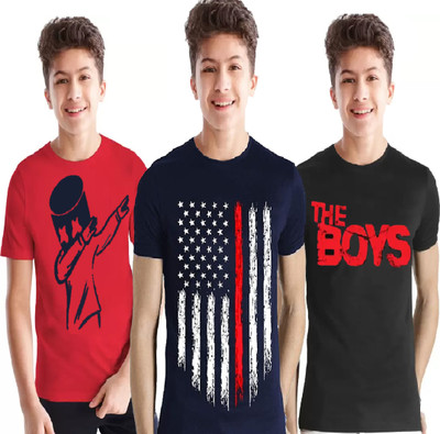 FTC FASHIONS Boys Printed Cotton Blend Regular T Shirt(Multicolor, Pack of 3)