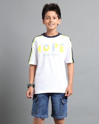 Under Fourteen Only Boys Graphic Print Pure Cotton Regular T Shirt(White, Pack of 1)