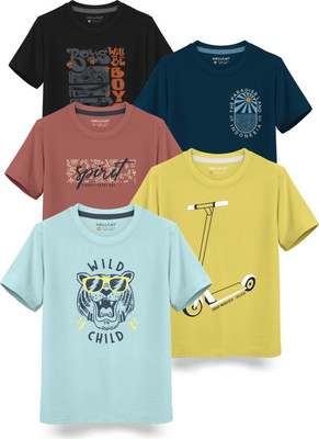 Hellcat Boys Printed Cotton Blend Regular T Shirt(Light Green, Pack of 5)