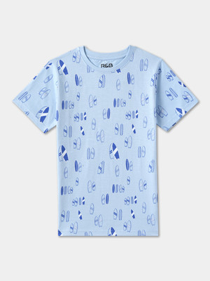 R&B Boys Printed Pure Cotton Regular T Shirt(Blue, Pack of 1)