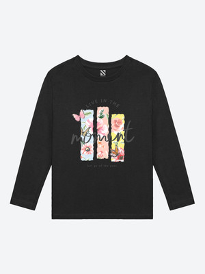 Nusyl Girls Graphic Print Cotton Blend Regular T Shirt(Black, Pack of 1)